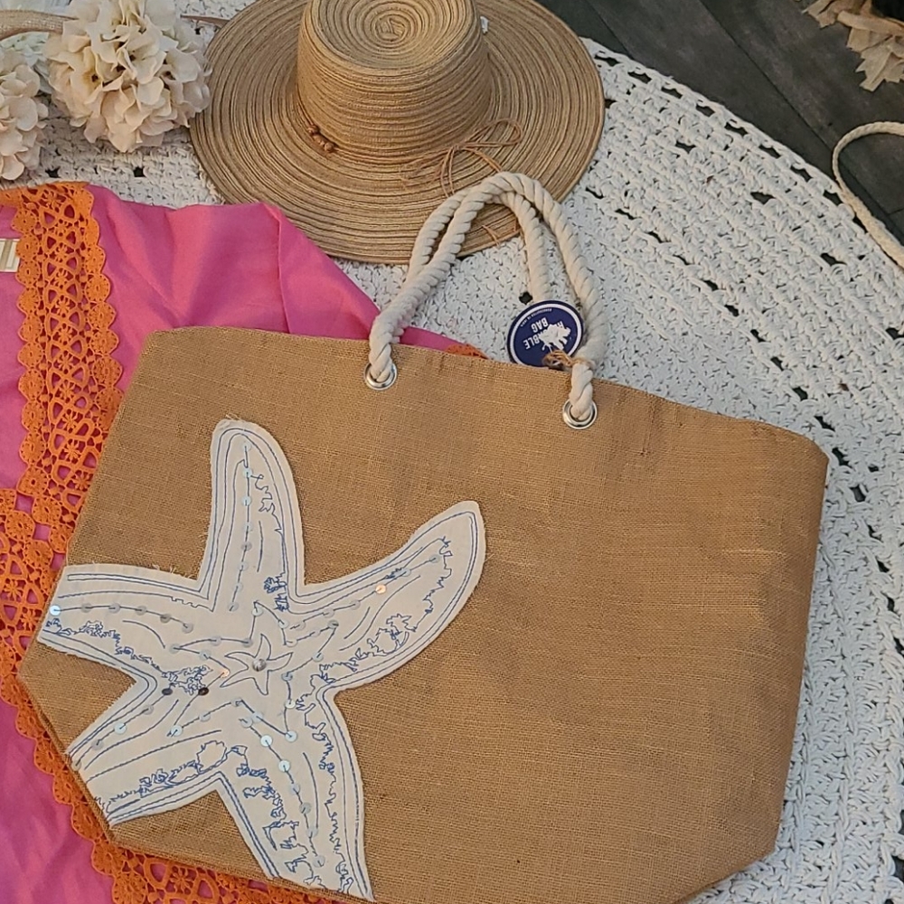 SALE NWOT LG BLUE WHITE  STARFISH BEACH BURLAP BAG - Picture 13 of 16